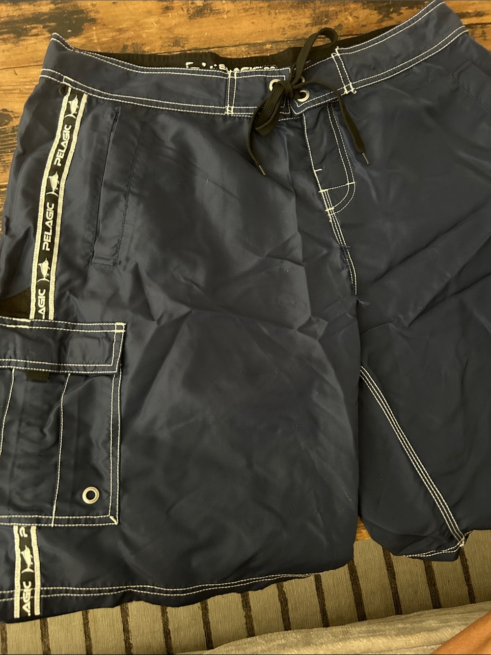 Pelagic Men's Navy Blue Swim Board Shorts with White Stitching 36